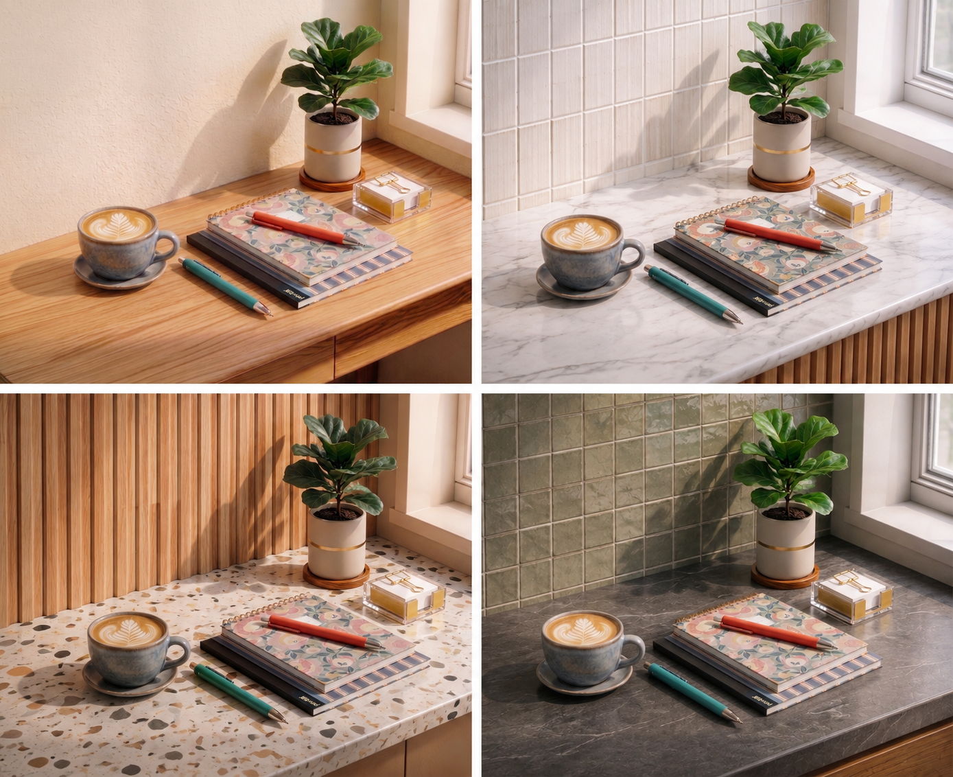 One desk scene rendered across four surface and lighting variants